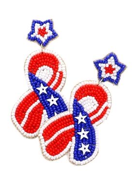 Beaded Patriotic Ribbon Earrings - Red White Blue Star Drop USA Memorial Salute